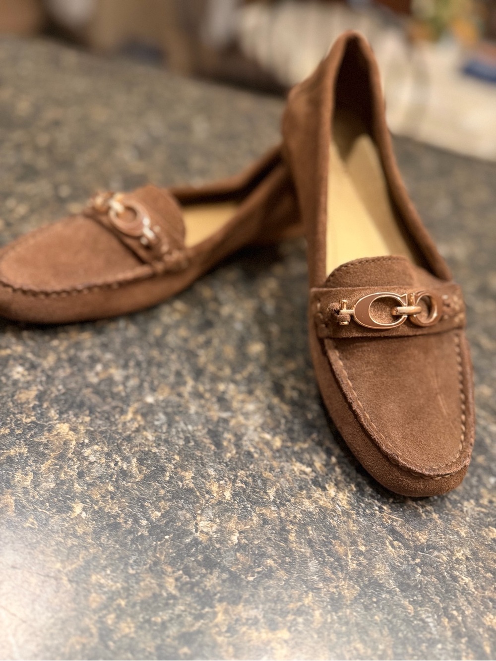 Coach Brown Suede Loafers with Gold Hardware
